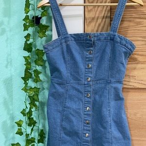 A blue denim dress